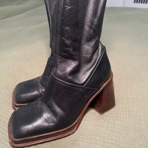 Black Leather Platform Heeled Boots